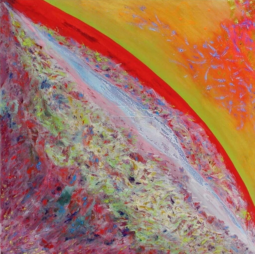 Opera astratta Visione planetaria, olio su tela, 110x110 cm, 2003